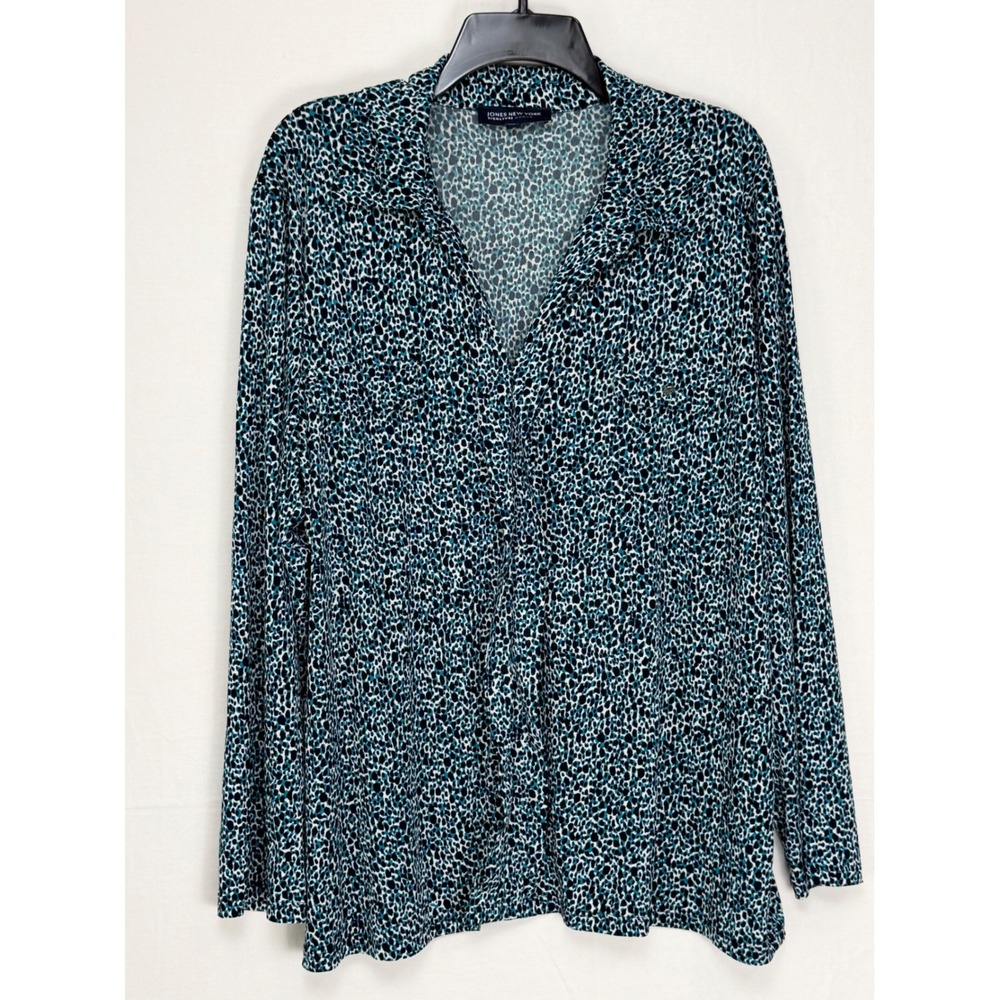 Jones New York Women Top 3X Blue Animal Print Long Sleeve Snap Pocket Shirt